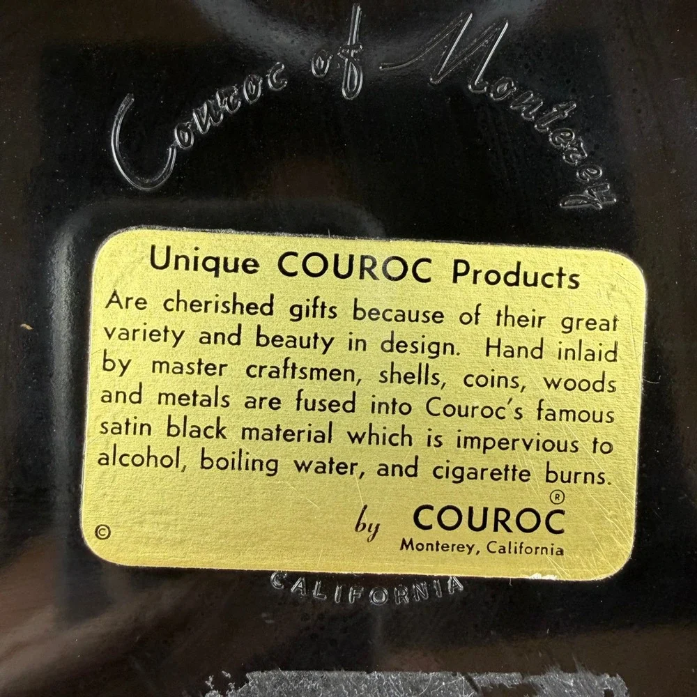 Vintage Couroc of Monterey Bird Wood Inlay Round Tray Black Mid Century MCM